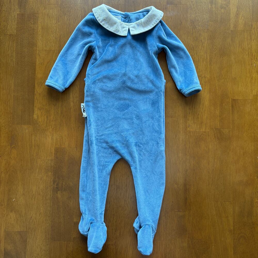 Maniere Child Blue Velour Footed Sleeper White Peter Pan Collar Baby Size 6M